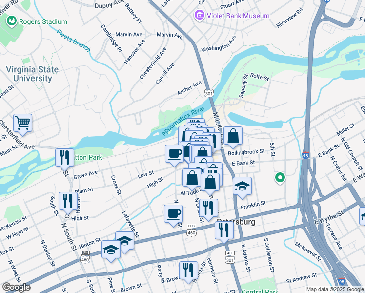map of restaurants, bars, coffee shops, grocery stores, and more near 23 West Old Street in Petersburg