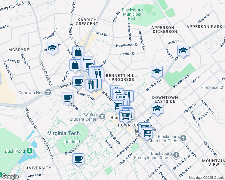 map of restaurants, bars, coffee shops, grocery stores, and more near 505 Progress Street Northeast in Blacksburg