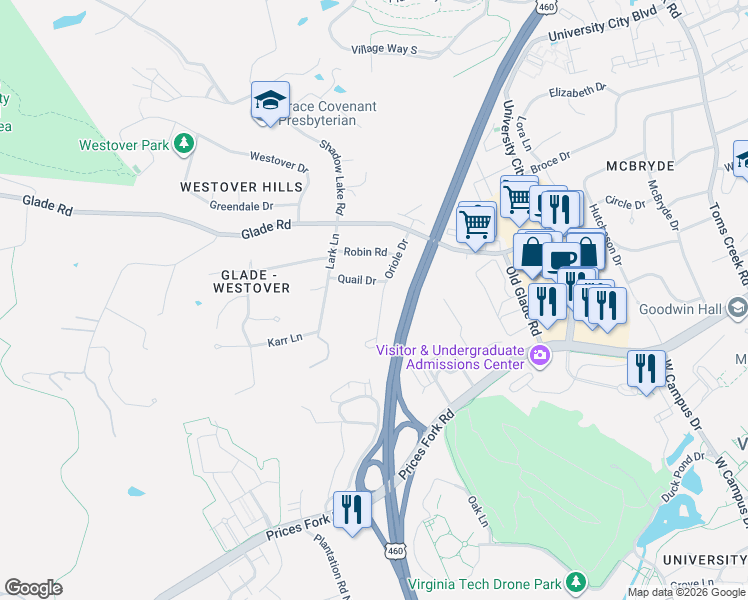map of restaurants, bars, coffee shops, grocery stores, and more near 1519 Oriole Dr in Blacksburg