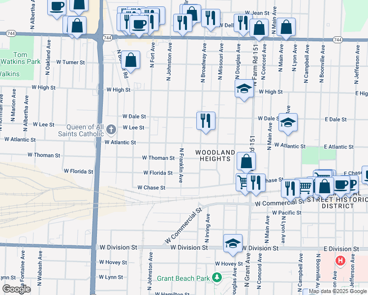 map of restaurants, bars, coffee shops, grocery stores, and more near 1101 West Thoman Street in Springfield