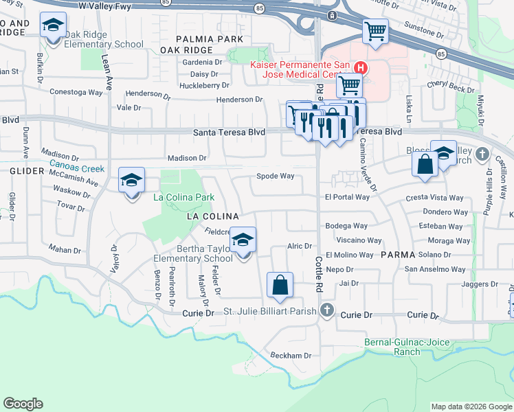 map of restaurants, bars, coffee shops, grocery stores, and more near 379 Los Pinos Way in San Jose