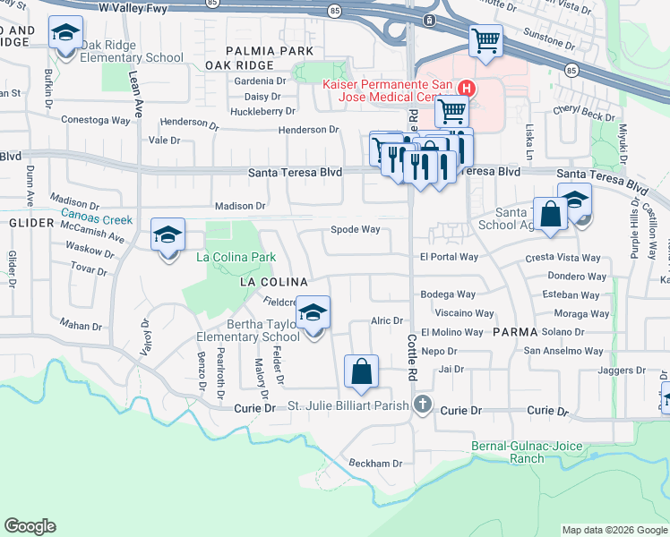 map of restaurants, bars, coffee shops, grocery stores, and more near 377 Los Pinos Way in San Jose