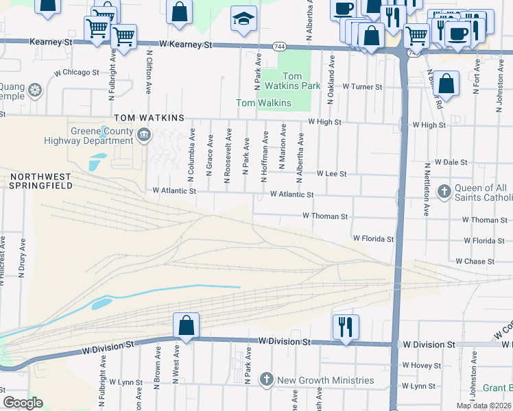 map of restaurants, bars, coffee shops, grocery stores, and more near 1910 North Park Avenue in Springfield