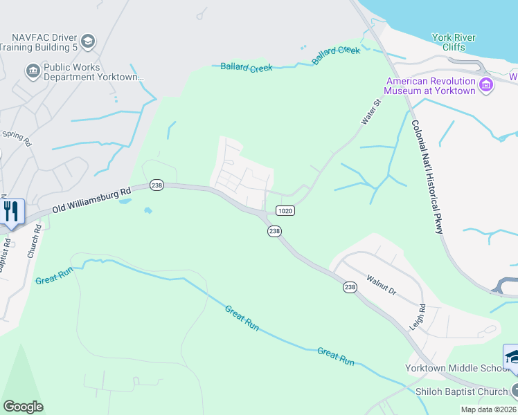 map of restaurants, bars, coffee shops, grocery stores, and more near 3201 Old Williamsburg Road in Yorktown