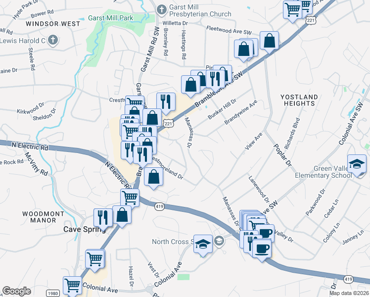 map of restaurants, bars, coffee shops, grocery stores, and more near 3405 Manassas Drive in Cave Spring