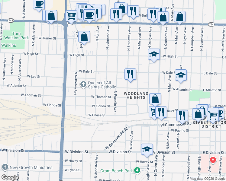 map of restaurants, bars, coffee shops, grocery stores, and more near 1101 West Thoman Street in Springfield