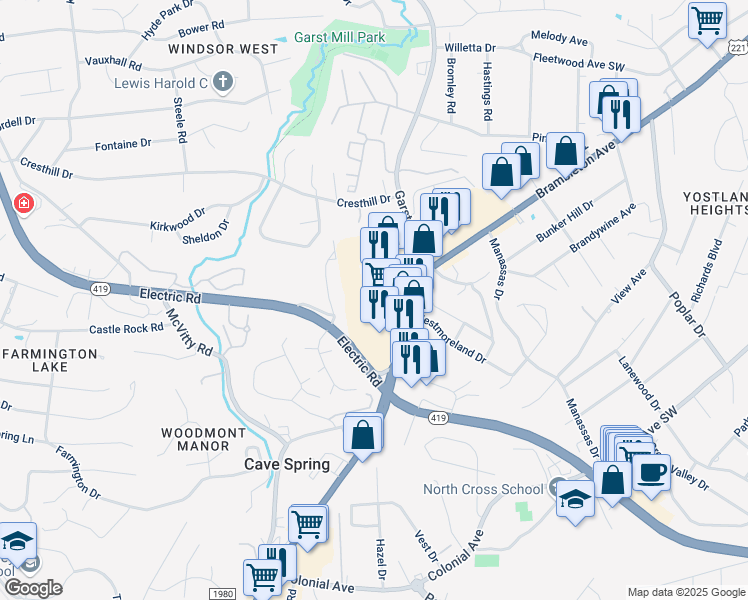 map of restaurants, bars, coffee shops, grocery stores, and more near 3971 Brambleton Avenue in Roanoke