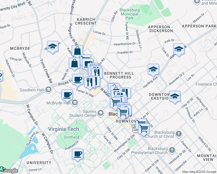 map of restaurants, bars, coffee shops, grocery stores, and more near 505 Progress Street Northeast in Blacksburg