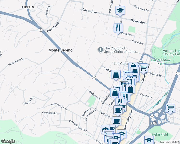 map of restaurants, bars, coffee shops, grocery stores, and more near 18071 Saratoga-Los Gatos Road in Monte Sereno