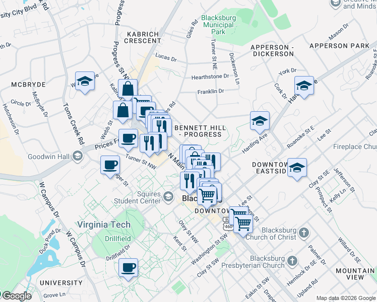 map of restaurants, bars, coffee shops, grocery stores, and more near 505 Progress Street Northeast in Blacksburg
