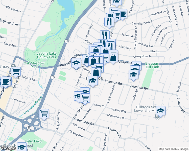 map of restaurants, bars, coffee shops, grocery stores, and more near 8168 Roberts Road in Los Gatos