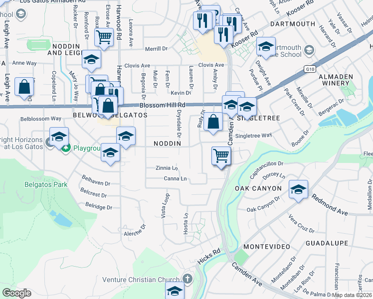 map of restaurants, bars, coffee shops, grocery stores, and more near 5707 Lilac Blossom Lane in San Jose