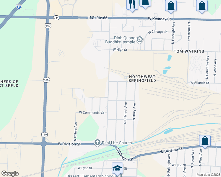 map of restaurants, bars, coffee shops, grocery stores, and more near 1926 North Golden Avenue in Springfield