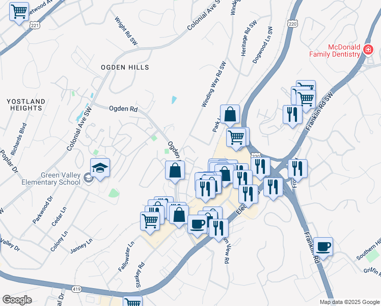 map of restaurants, bars, coffee shops, grocery stores, and more near 117 Windward Drive in Roanoke
