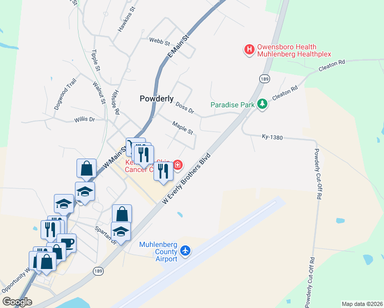 map of restaurants, bars, coffee shops, grocery stores, and more near 2153-2169 West Everly Brothers Boulevard in Powderly