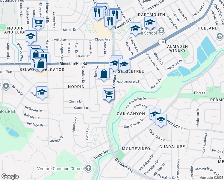 map of restaurants, bars, coffee shops, grocery stores, and more near 5721 Camden Avenue in San Jose