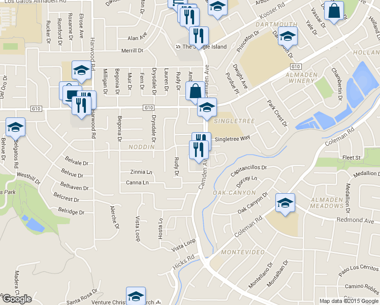 map of restaurants, bars, coffee shops, grocery stores, and more near 5763 Preston Drive in San Jose