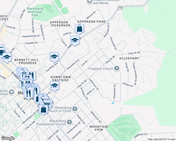 map of restaurants, bars, coffee shops, grocery stores, and more near 217 Jefferson Street in Blacksburg