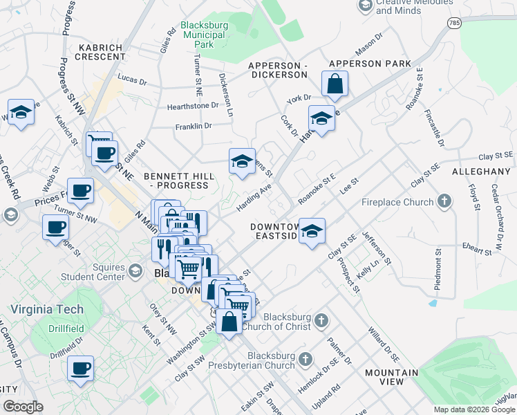 map of restaurants, bars, coffee shops, grocery stores, and more near 426 Harding Avenue in Blacksburg
