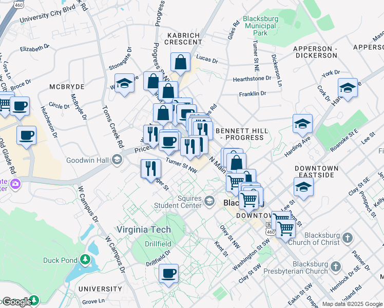map of restaurants, bars, coffee shops, grocery stores, and more near 208 Turner Street Northwest in Blacksburg