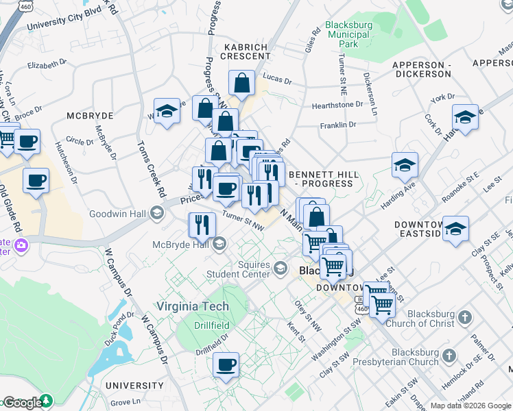 map of restaurants, bars, coffee shops, grocery stores, and more near 208 Turner Street Northwest in Blacksburg