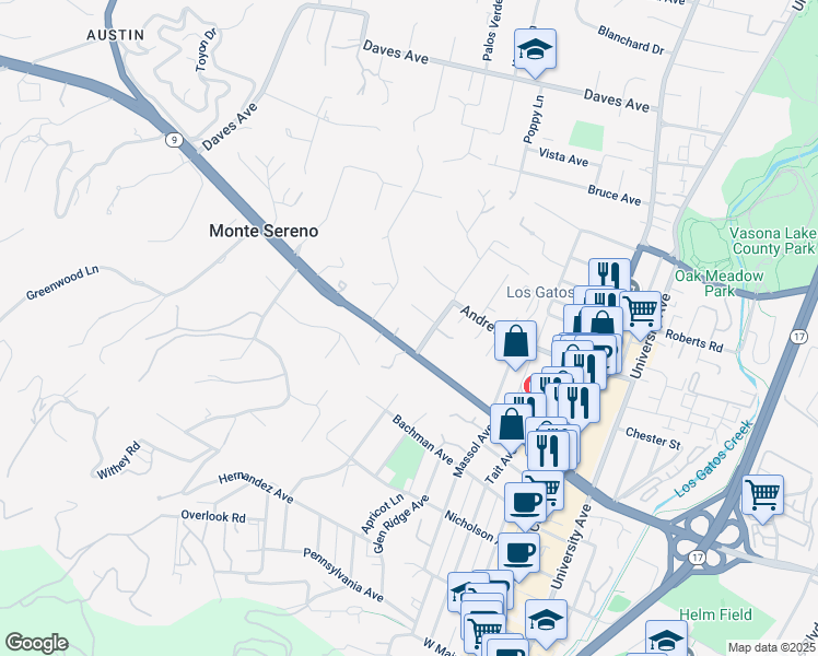 map of restaurants, bars, coffee shops, grocery stores, and more near 18061 Los Gatos-Saratoga Road in Monte Sereno