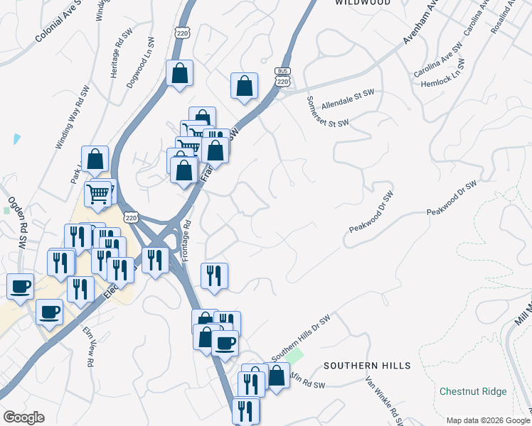 map of restaurants, bars, coffee shops, grocery stores, and more near 3701 Bosworth Drive Southwest in Roanoke
