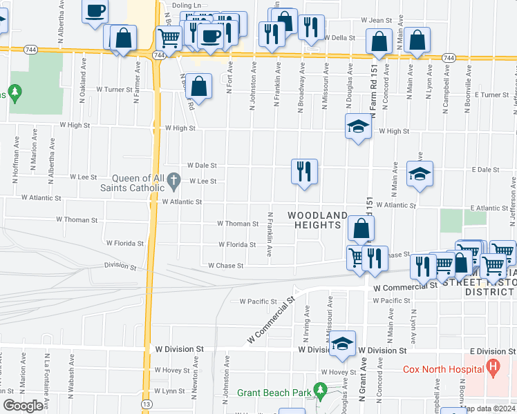 map of restaurants, bars, coffee shops, grocery stores, and more near 1116 West Atlantic Street in Springfield