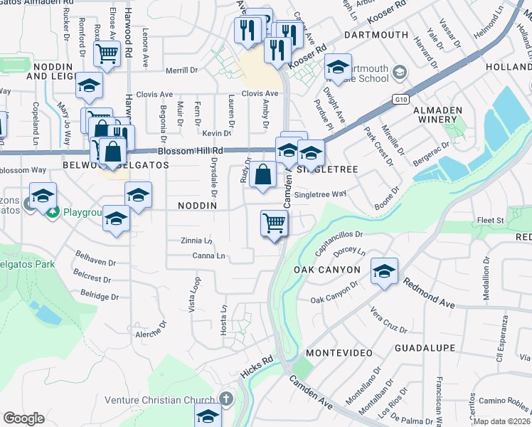 map of restaurants, bars, coffee shops, grocery stores, and more near 5763 Preston Drive in San Jose