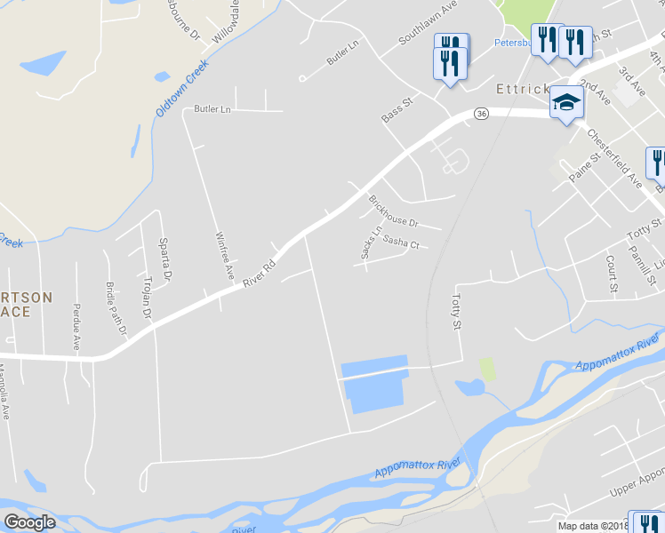 map of restaurants, bars, coffee shops, grocery stores, and more near 4221 River Road in Petersburg