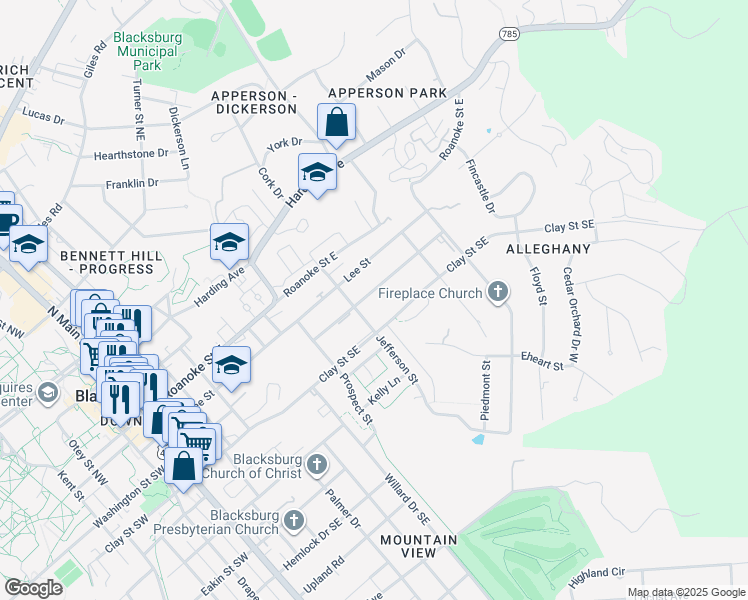 map of restaurants, bars, coffee shops, grocery stores, and more near 217 Jefferson Street in Blacksburg