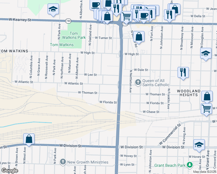 map of restaurants, bars, coffee shops, grocery stores, and more near 1717 West Thoman Street in Springfield
