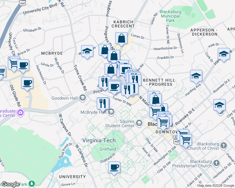 map of restaurants, bars, coffee shops, grocery stores, and more near 300 Turner Street Northwest in Blacksburg