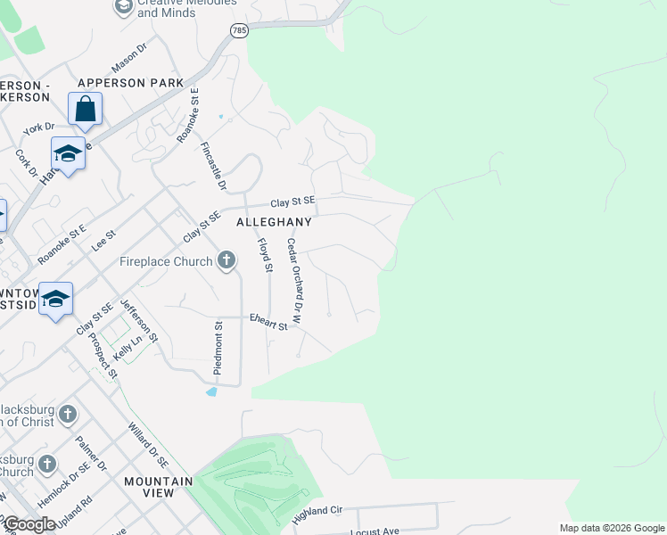 map of restaurants, bars, coffee shops, grocery stores, and more near 604 Gigi Dr in Blacksburg