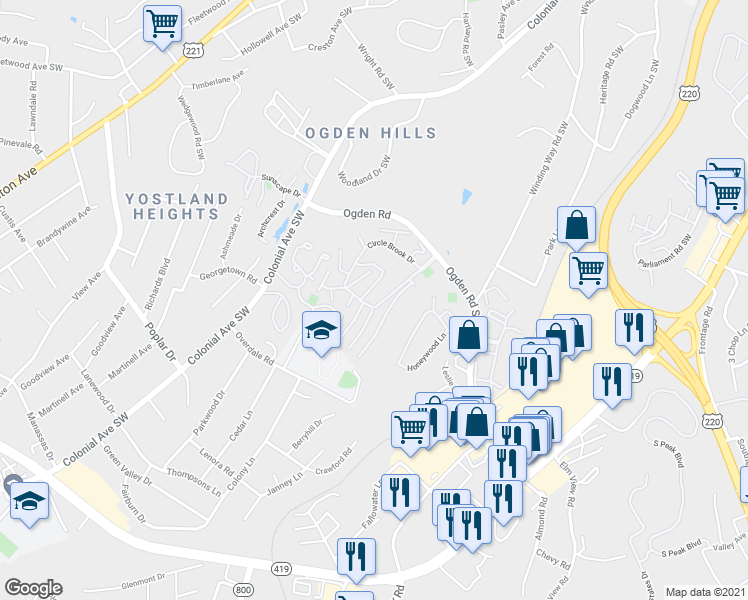 map of restaurants, bars, coffee shops, grocery stores, and more near 3301 Circle Brook Drive in Cave Spring