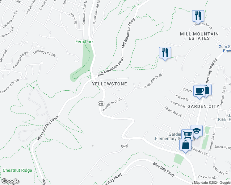 map of restaurants, bars, coffee shops, grocery stores, and more near 514 Waterford Street in Roanoke