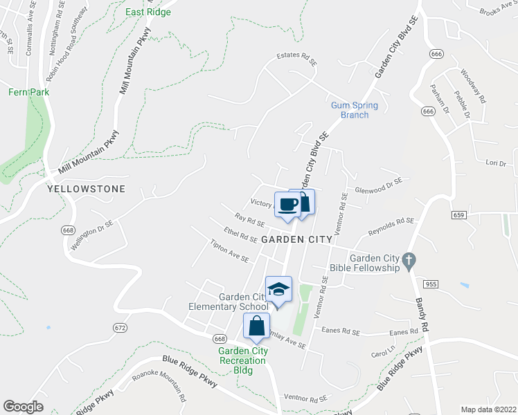 map of restaurants, bars, coffee shops, grocery stores, and more near 1111 Victory Rd SE in Roanoke
