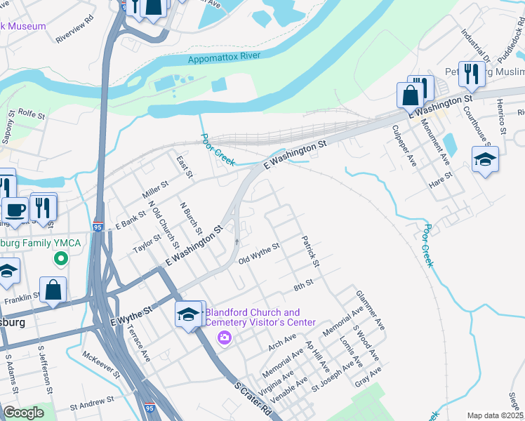 map of restaurants, bars, coffee shops, grocery stores, and more near 1033 Nottoway Street in Petersburg