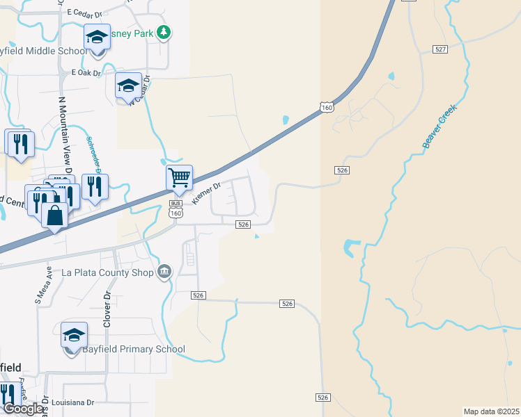 map of restaurants, bars, coffee shops, grocery stores, and more near 1330 Kremer Drive in Bayfield