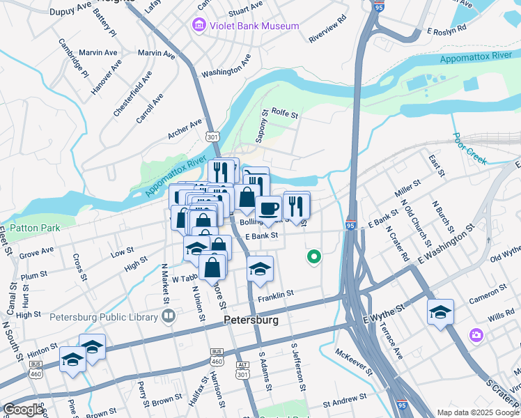 map of restaurants, bars, coffee shops, grocery stores, and more near 201 Bollingbrook Street in Petersburg