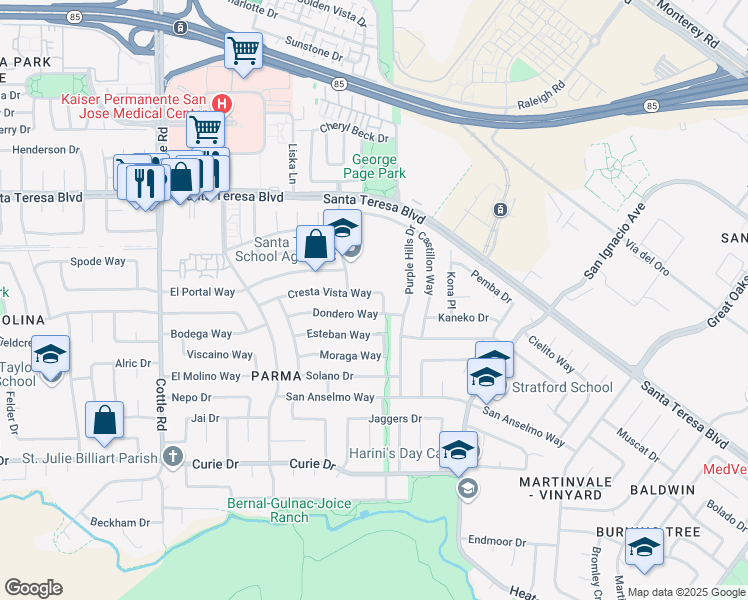 map of restaurants, bars, coffee shops, grocery stores, and more near 246 Cresta Vista Way in San Jose