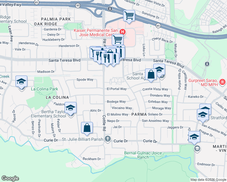 map of restaurants, bars, coffee shops, grocery stores, and more near 333 Los Pinos Way in San Jose