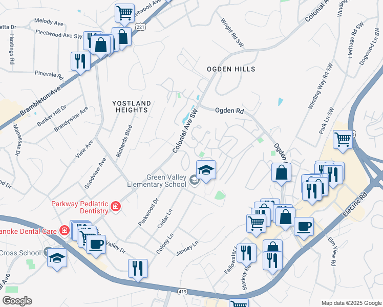 map of restaurants, bars, coffee shops, grocery stores, and more near 3534 Timberline Trail in Cave Spring