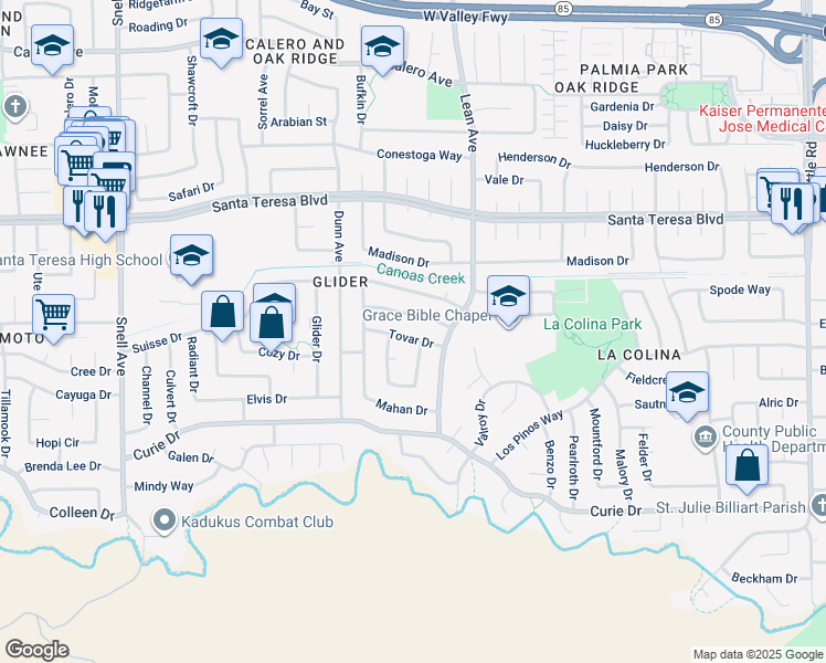 map of restaurants, bars, coffee shops, grocery stores, and more near 471 Tovar Drive in San Jose