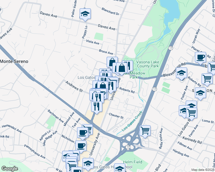 map of restaurants, bars, coffee shops, grocery stores, and more near 536 North Santa Cruz Avenue in Los Gatos