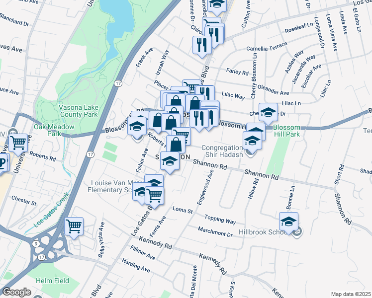 map of restaurants, bars, coffee shops, grocery stores, and more near 16760 Magneson Loop in Los Gatos