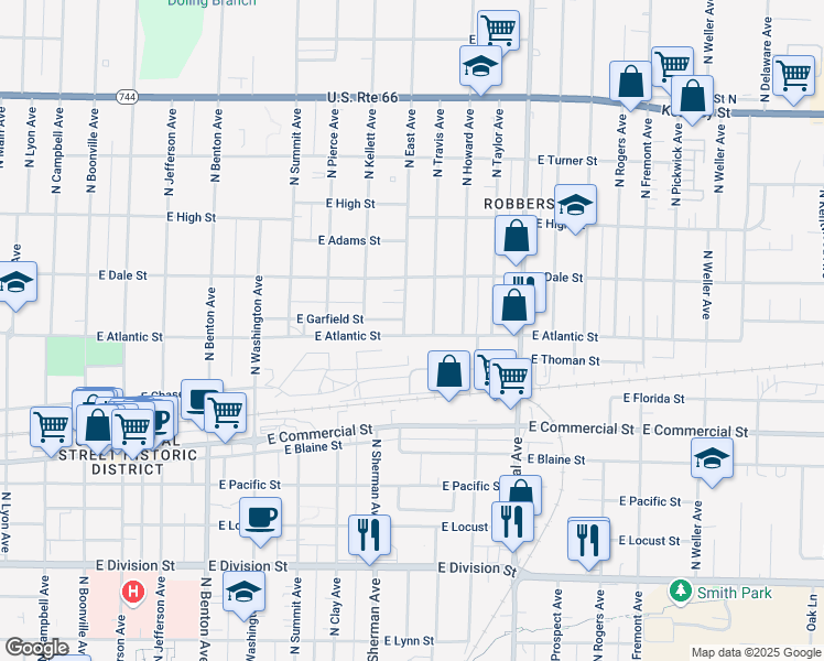 map of restaurants, bars, coffee shops, grocery stores, and more near 1024 East Atlantic Street in Springfield