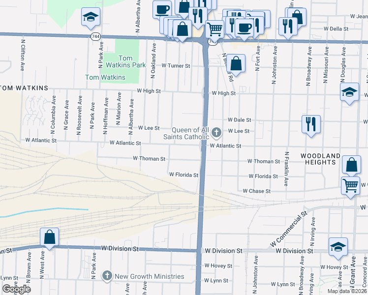 map of restaurants, bars, coffee shops, grocery stores, and more near 1700 West Atlantic Street in Springfield