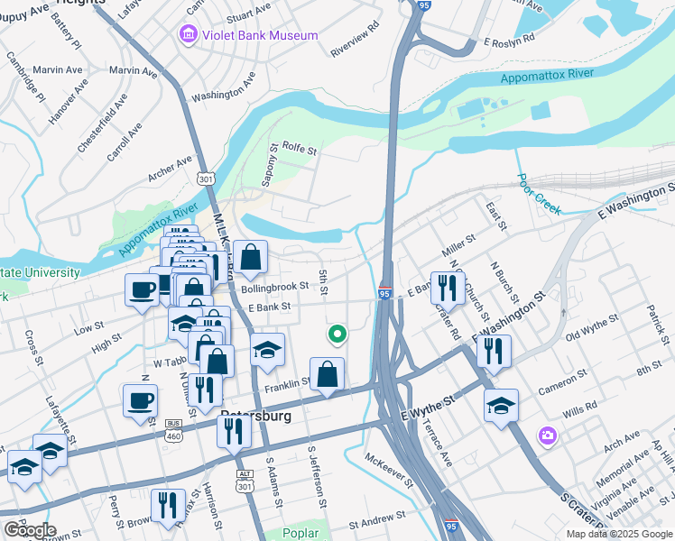 map of restaurants, bars, coffee shops, grocery stores, and more near 401 5th Street in Petersburg