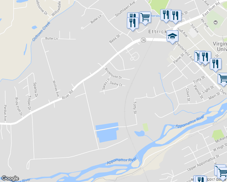 map of restaurants, bars, coffee shops, grocery stores, and more near 20809 Shaker Drive in Petersburg